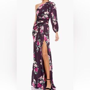 Mac Duggal One-Shoulder Floral Maxi Dress in Plum with Pink and Cream Flowers